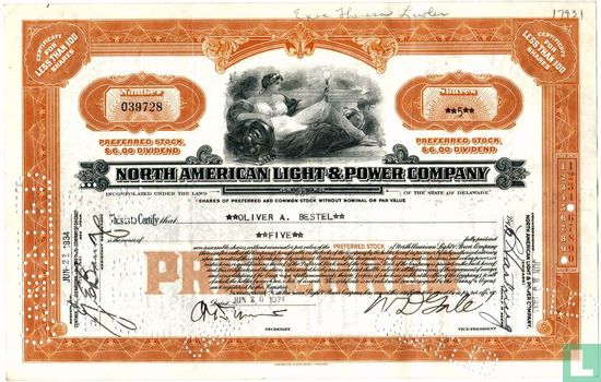 North American Light & Power Company, Certificate for less than 100 shares, Preferred stock