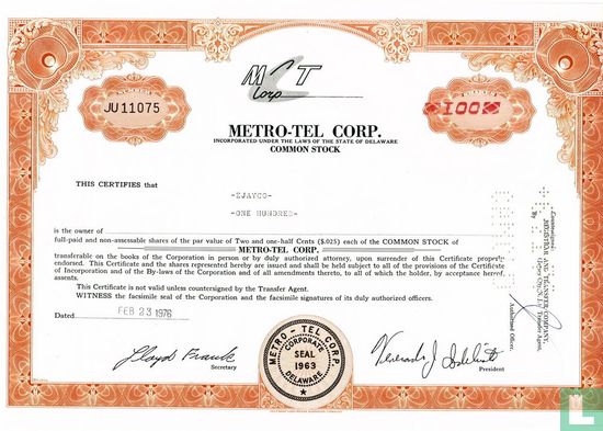Metro-Tel Corp., Odd share certificate, Common stock