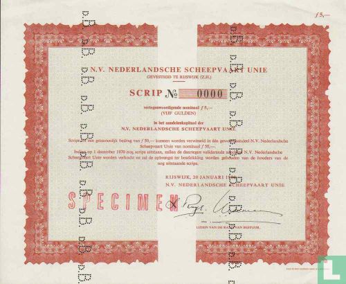 N.V. Nederlandsche Scheepvaart Unie, Scrip, 5,= Gulden