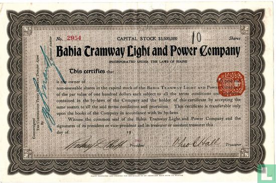 Bahia Tramway Light and Power Company, Share certificate, Capital stock