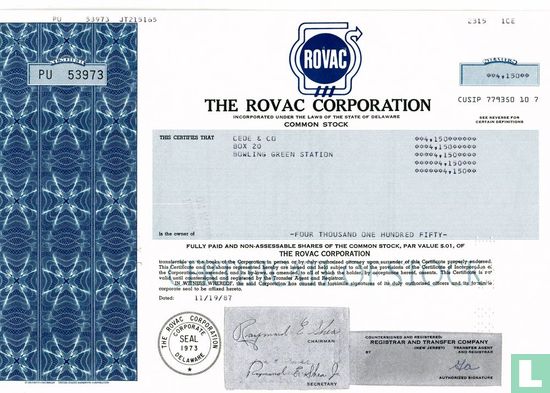 The Rovac Corporation, Odd share certificate, Common stock