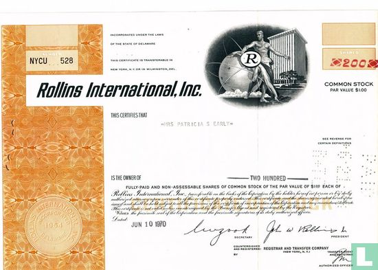 Rollins International, Inc., Odd share certificate, Common stock