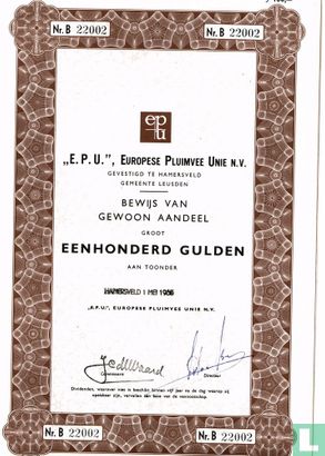E.P.U. - Europese Pluimvee Unie N.V., Bewijs van gewoon aandeel, 100 Gulden