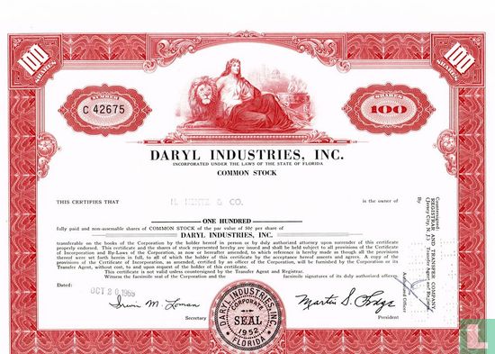 Daryl Industries, Inc., Certificate for 100 shares, Common stock