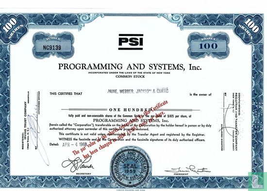 Programming and Systems, Inc., Certificate for 100 shares, Common stock