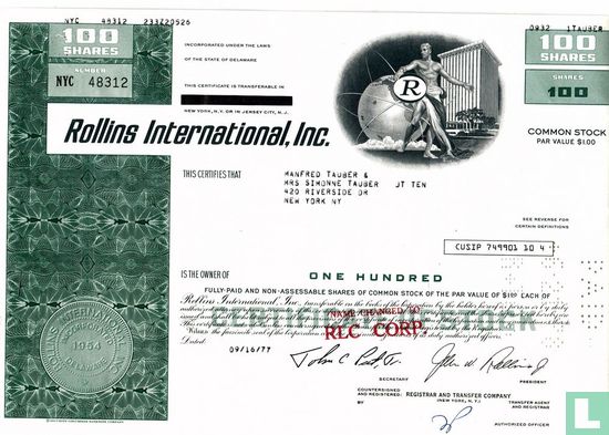 Rollins International, Inc., Certificate for 100 shares, Common stock
