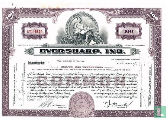 Eversharp, Inc., Certificate for 100 shares, Common stock