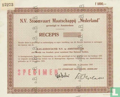 N.V. Stoomvaart Maatschappij "Nederland", Recepis, 1.000,= Gulden, Specimen blankette
