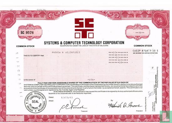 Systems & Computer Technology Corporation, Odd share certificate, Common stock