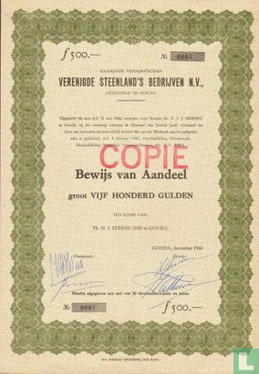 Verenigde Steenland's Bedrijven N.V., Bewijs van aandeel, 500,= Gulden