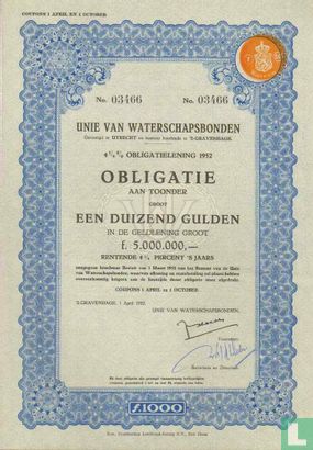 Unie van Waterschapsbonden, 4 1/4 % Obligatie aan toonder, 1.000,= Gulden, 