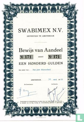 Swabimex N.V., Bewijs van aandeel, 100,= Gulden