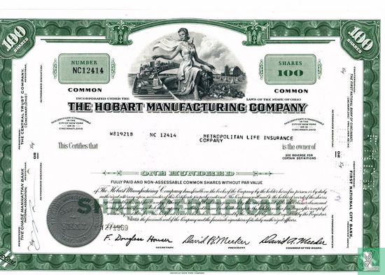 The Hobart Manufacturing Company, Certificate for 100 shares, Common stock