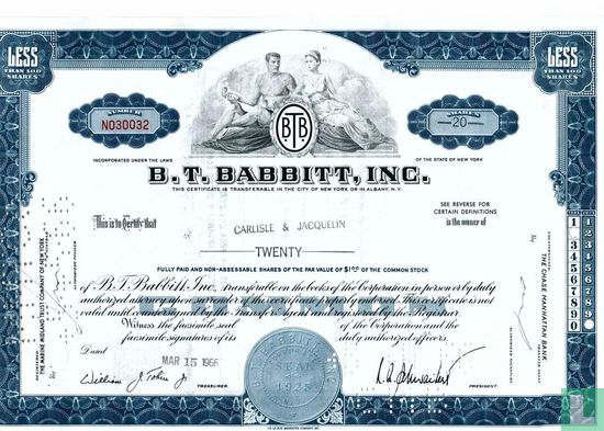 B.T. Babbitt, Inc., Certificate for less than 100 shares, Common stock