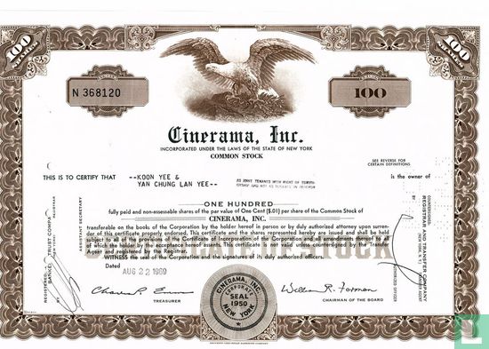 Cinerama, Inc., Certificate for 100 shares, common stock