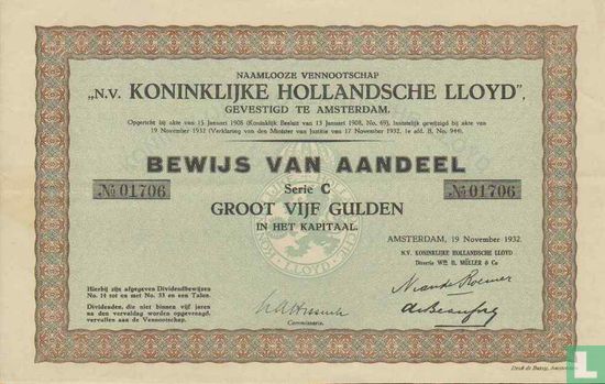 N.V. Koninklijke Hollandsche Lloyd, Bewijs van aandeel, 5,= Gulden