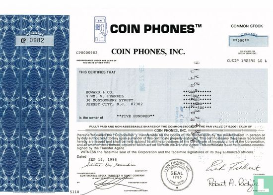 Coin Phones, Inc., Odd share certificate, Common stock