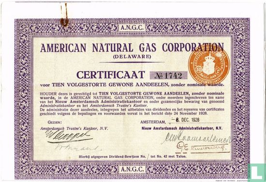 American Natural Gas Corporation, Certificaat van tien volgestorte gewone aandeelen