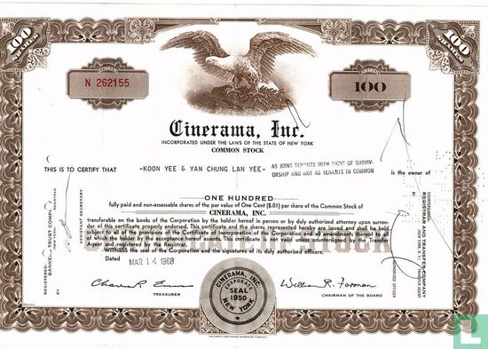 Cinerama, Inc., Certificate for 100 shares, Common stock