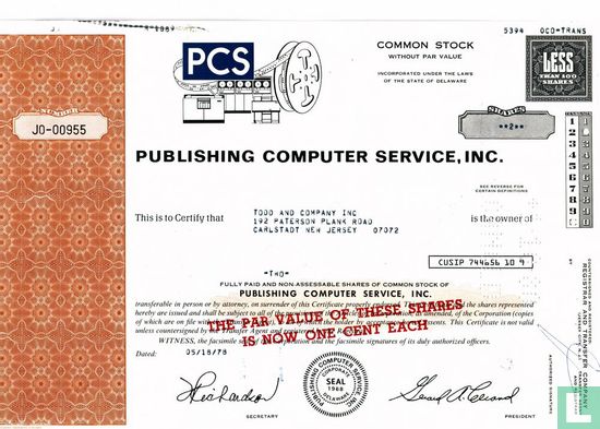 Publishing Computer Service, Inc., Certificate for less than 100 shares, Common stock