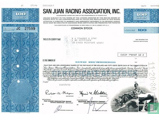 San Juan Racing Association, Certificate for 100 shares, Common stock