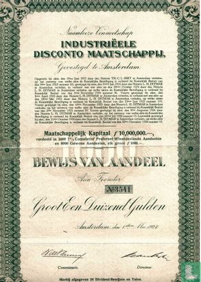 Industrieele Disconto Maatschappij, Bewijs van aandeel, aan toonder, 1.000 Gulden