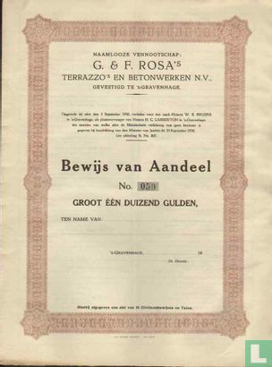 G. & F. Rosa's Terrazzo's en Betonwerken N.V., Bewijs van aandeel, 1.000,= Gulden, blankette