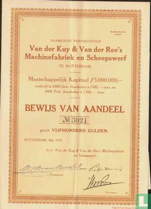Van der Kuy & Van der Ree's Machinefabriek, Bewijs van aandeel, 500,= Gulden