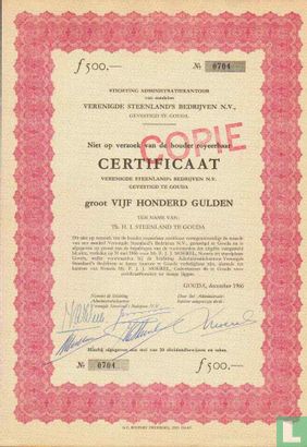 Verenigde Steenland's Bedrijven N.V., Niet op verzoek van de houder royeerbaar certificaat, 500,= Gulden