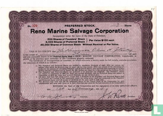 Reno Marine Salvage Company, Odd share certificate, Preferred stock