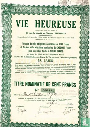 Vie Heureuse, Titre Nominatif de Cent Francs