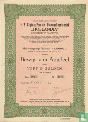 E.W. Klijberg-Pernot's Stoomschoenfabriek "Hollandia", Bewijs van aandeel, 50,= Gulden