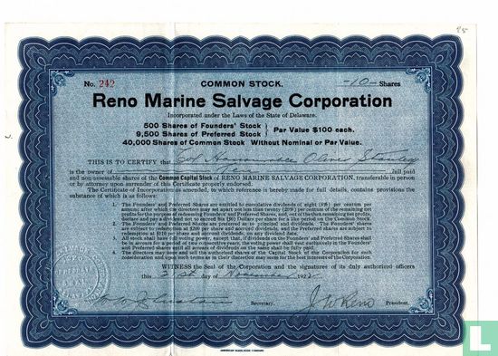 Reno Marine Salvage Company, Odd share certificate, Common stock