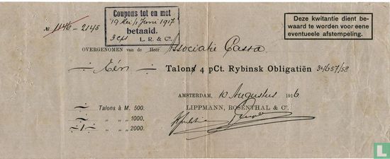Associatie Cassa, Kwitantie t.b.v. 4% Rybinsk Obligatien, 1916