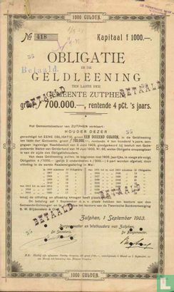 Obligatie in de Geldleening ten laste der gemeente Zutphen, 4 %, 1.000 Gulden