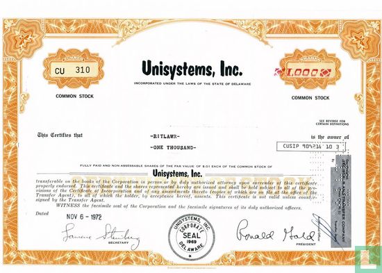 Unisystems, Inc., Odd share certificate, Common stock