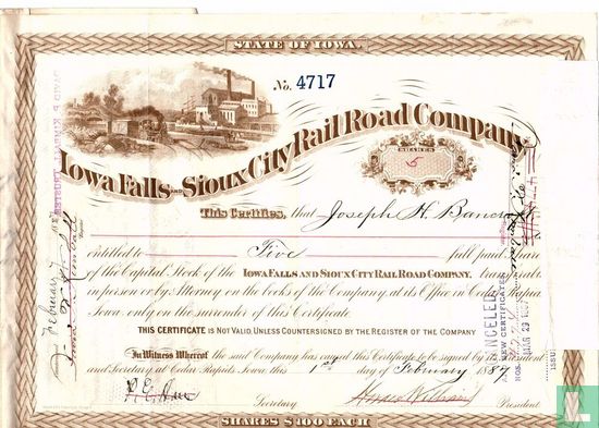 Iowa Falls Sioux City Rail Road Company, Odd share certificate, Capital stock