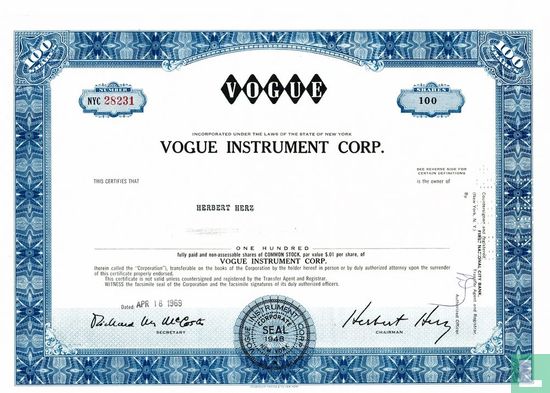 Vogue Instrument Corp., Certificate for 100 shares, Common stock