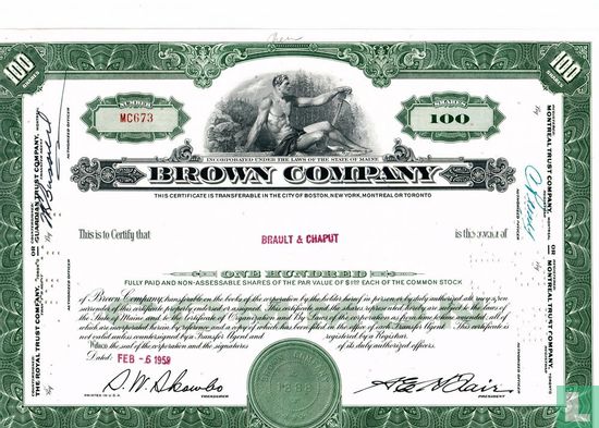 Brown Company, Certificate for 100 shares, Common stock