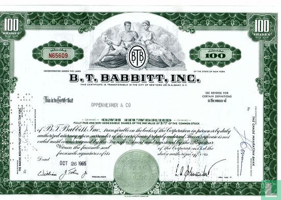 B.T. Babbitt, Inc., Certificate for 100 shares, Common stock
