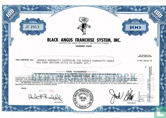 Black Angus Franchise System, Inc., Certificate for 100 shares, Common stock