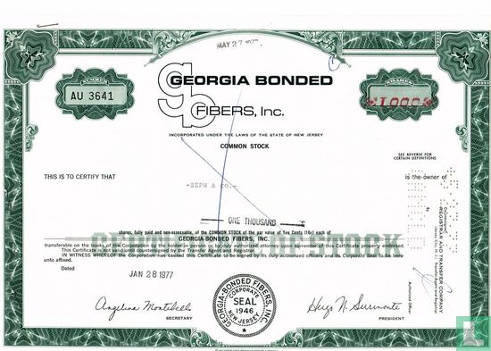 Georgia-Bonded Fibers, Odd share certificate, Common stock