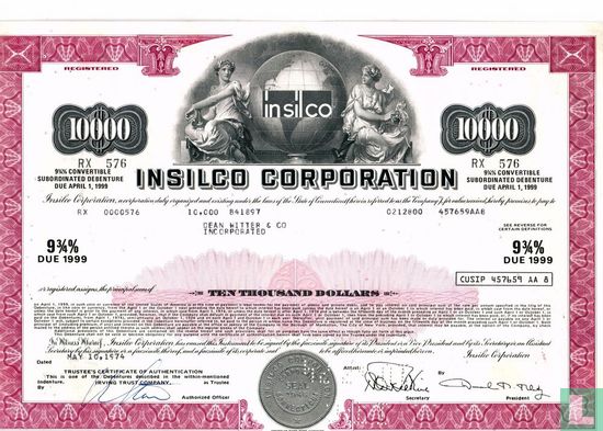 Insilco Corporation, 9 3/4 % Convertible subordinated debenture bond certificate, $ 10.000,=
