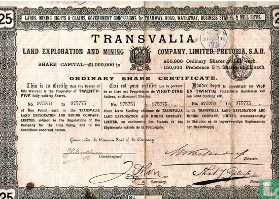 Transvalia, Land Exploration and Mining, Ordinary share certificate, 25 shares