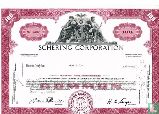 Schering Corporation, Certificate for 100 shares, Common stock