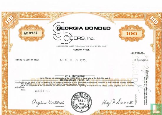 Georgia-Bonden Fibers, Certificate for 100 shares, Common stock