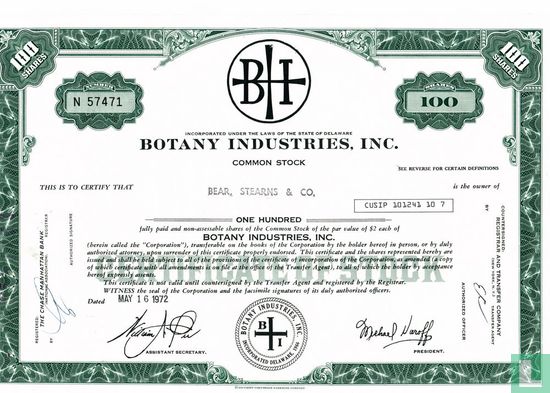 Botany Industries, Inc., Certificate for 100 shares, Common stock