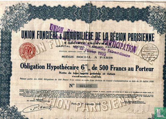 Union Fonciere & Immobiliere de la Region Parisienne, Obligation Hypothecaire 6% de 500 Francs au Porteur