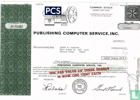 Publishing Computer Service, Inc., Odd share certificate, Common stock