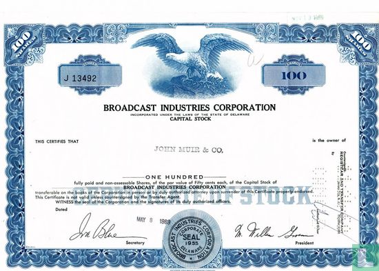 Broadcast Industries Corporation, Certificate for 100 shares, Capital stock.